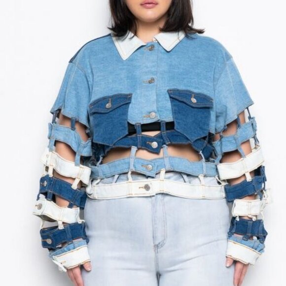 PLUS AZALEA WANG CAGED PANELED DENIM JACKET - Picture 5 of 9